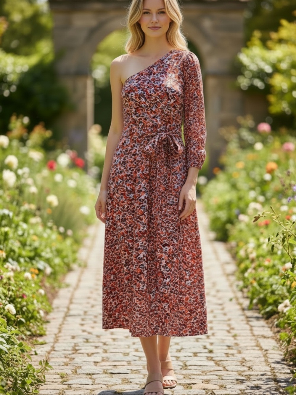 American Eagle Floral One Shoulder Midi Dress Tie Waist Small
